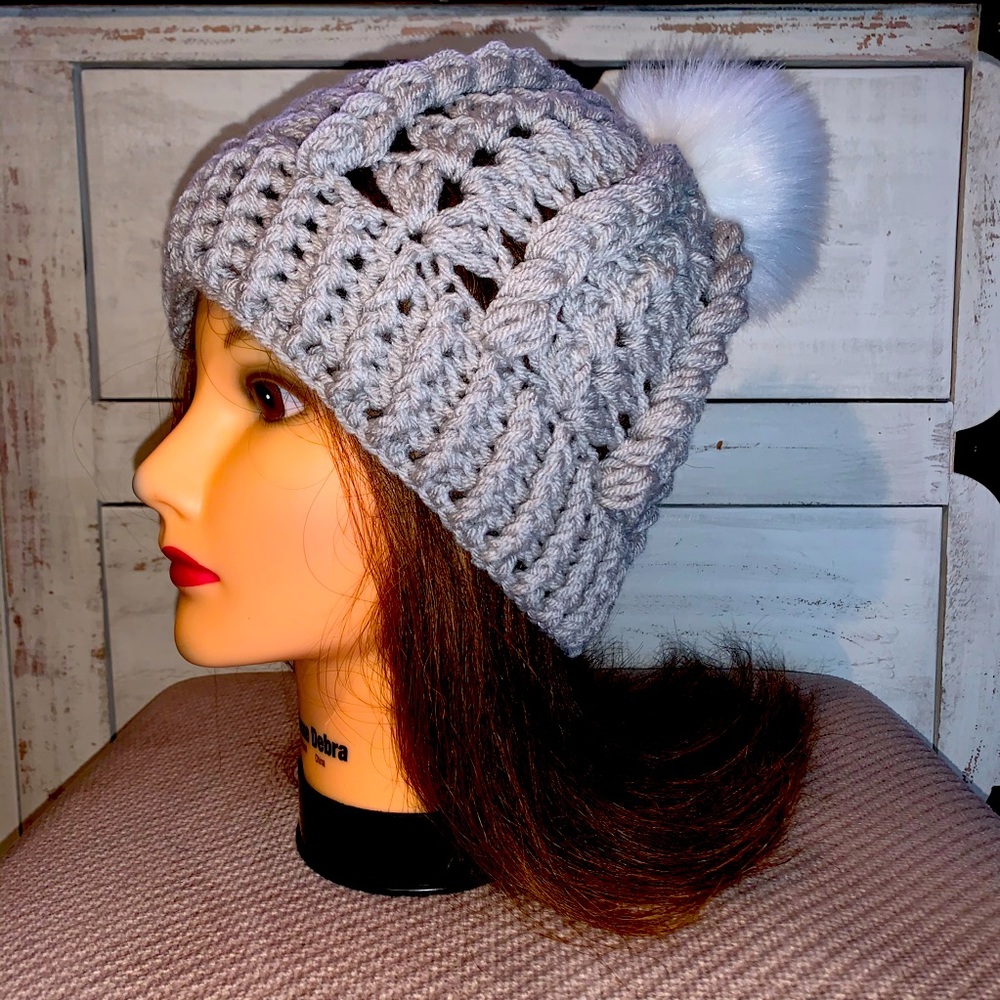 Grey Fur Pom Beanie